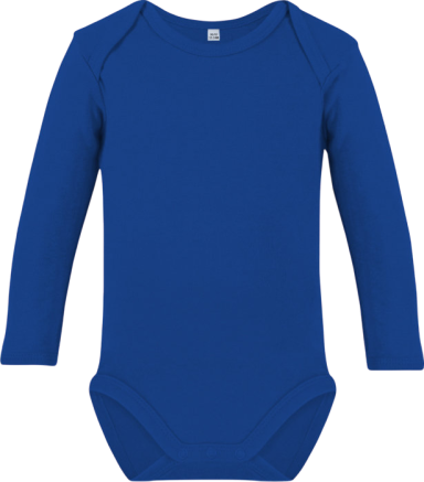 Blauer langer Baby-Body ohne Muster und mit Rundhalsausschnitt.