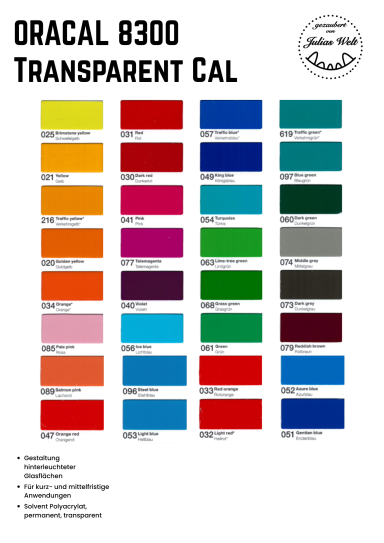 Farbfächer mit 40 transparenten Farbtönen der ORACAL 8300 Serie.