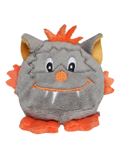 Graues, kuscheliges Stofftier mit orangefarbenen Akzenten und einem lächelnden Gesicht.