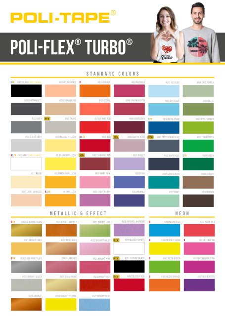 Farbpalette von Poli-Flex Turbo mit verschiedenen Farben und Farbmuster.
