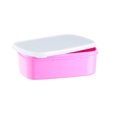 Rosa Vorratsdose mit weißem Deckel, rechteckig und leicht zu stapeln.