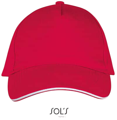Rote Baseballkappe mit zwei weißen Streifen am Schild.