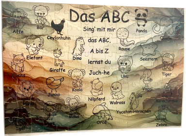 Das ABC mit Tieren und Gegenständen zu jedem Buchstaben auf buntem Hintergrund.