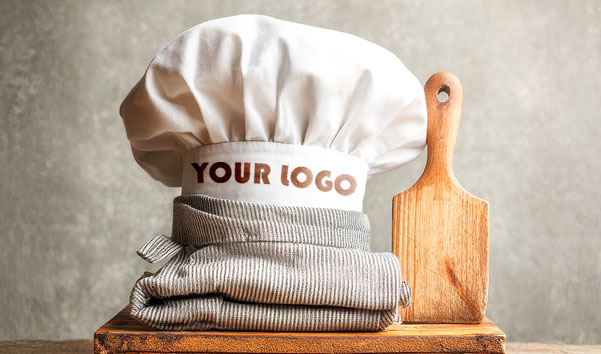Kochmütze mit Logo und Holzschäufelchen auf einem Küchentuch.
