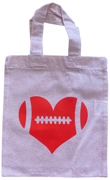 "Football Liebe" Graue Tragetasche mit rotem Herz und Football-Motiv.