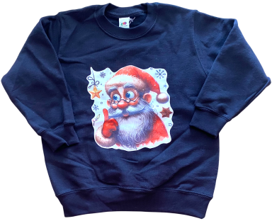 Blauer Pullover mit Weihnachtsmann-Motiv und Daumen-hoch-Geste.