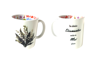 Weißer Becher mit floralem Muster und bunten inneren Rand. 