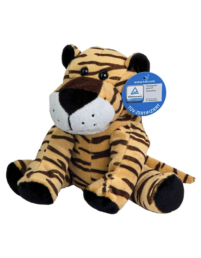 Tiger David Plüsch-Tiger mit gestreiftem Fell und freundlichem Gesicht, sitzt aufrecht.