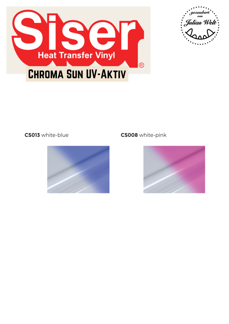 SISER Chroma Sun UV-Aktiv Zwei Farbproben von Siser Chroma Sun UV-aktivem flexiblen Vinyl in Blau und Rosa.