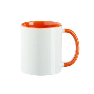 Weißer Becher mit orangem Henkel und innerer Farbgestaltung.