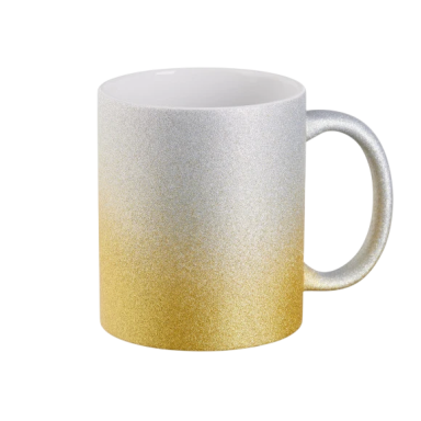 Weißer Becher mit einem Farbverlauf in Gold auf der unteren Hälfte.