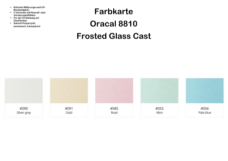 Farbkarte mit fünf Farbvarianten in pastellfarbenem Frosted Glas.