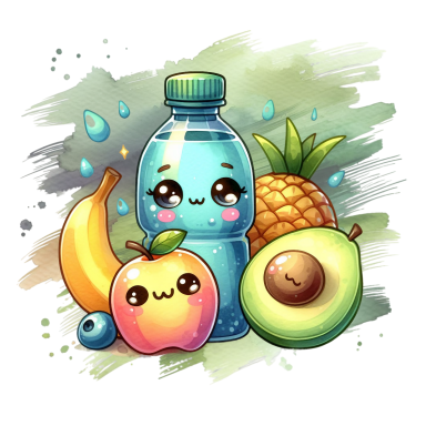 Bunte Cartoon-Darstellung von Obst und einer Wasserflasche in fröhlichem Stil.