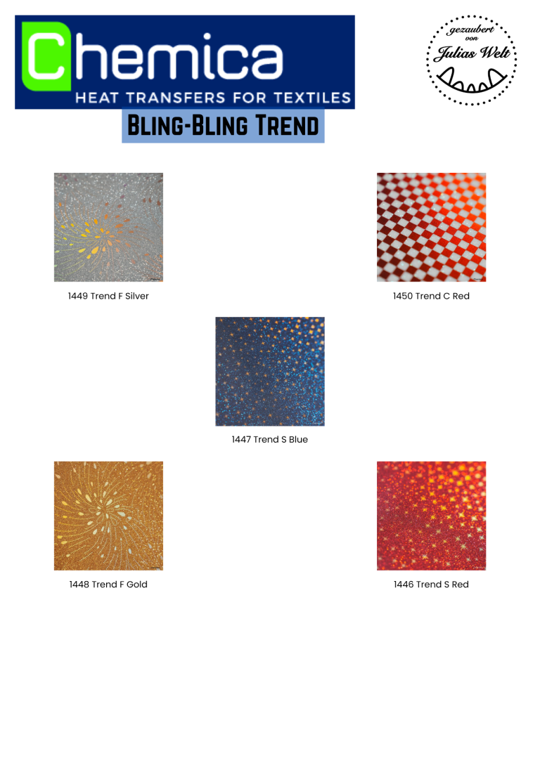 CHEMICA Bling-Bling Trend Fünf textile Muster in verschiedenen Farben und Designs.