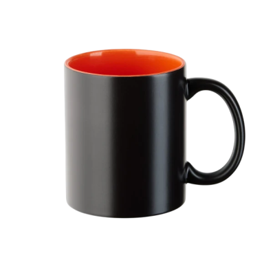 Schwarze Tasse mit orangefarbenem Innenrand und einem Griff.