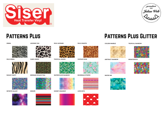 Musterübersicht von Siser mit verschiedenen Designs und Glitzeroptionen.