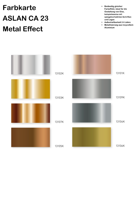 Farbkarte mit verschiedenen metallischen Effekten in Gold, Silber und Bronze.