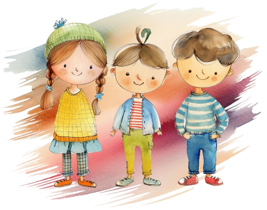 Drei fröhliche Kinder in bunter Kleidung stehen zusammen und lächeln.