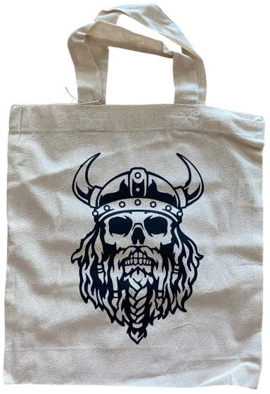 "Wikingerschädel" Beige Tragetasche mit einem ikonischen Wikinger-Schädel-Motiv.