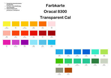 Farbkarte mit verschiedenen transparenten Farben der Oracal 8300-Serie.