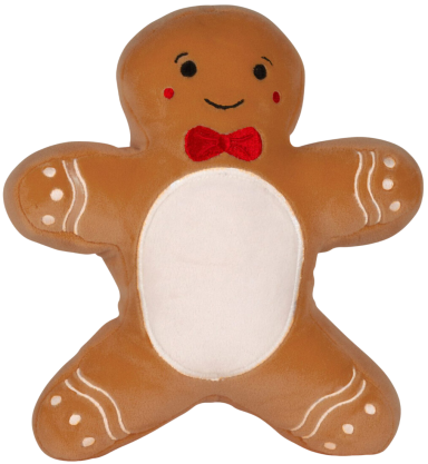Lebkuchenmann mit roter Schleife und lächelndem Gesicht, braun mit weißen Verzierungen.