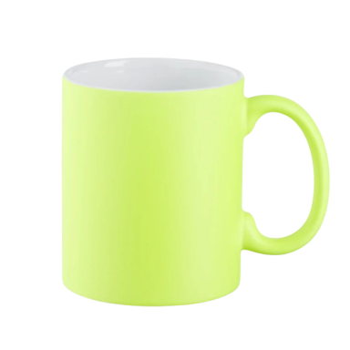 Helle, grüne Kaffeetasse mit einem weißen Innenraum und einem großen Griff.