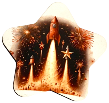 Roter Raketenstart mit Sternen und Feuerwerk auf schwarzem Hintergrund.