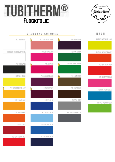 Farbkarte mit verschiedenen Flockfarben für Tubitex-Texilien.