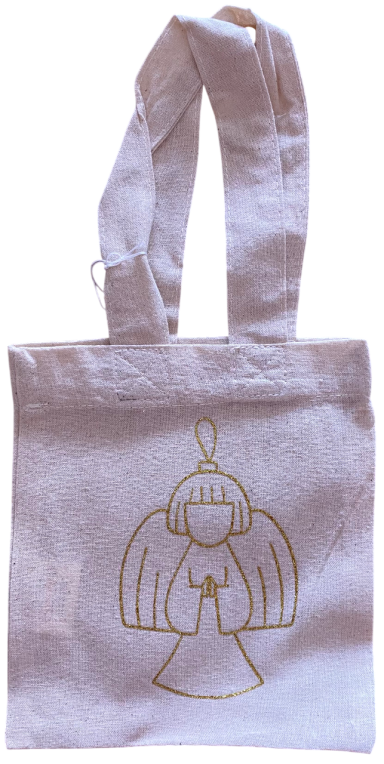 Beige Tragetasche mit goldener Engelgrafik auf der Vorderseite.