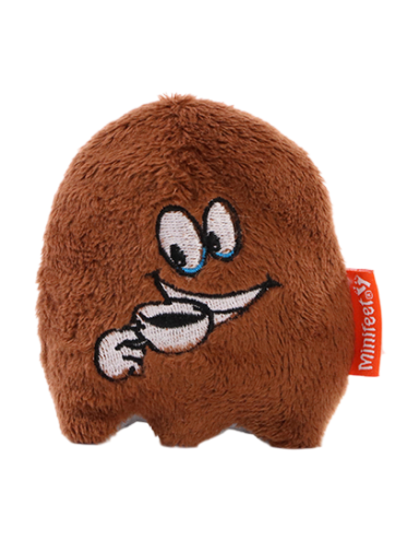 Brauner, flauschiger Keks mit lächelndem Gesicht und Tasse in der Hand.