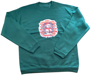 Grüner Sweatshirt mit buntem, rundem Aufdruck in der Mitte.