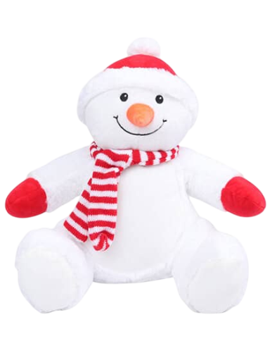 Plüschschneemann mit roter Mütze und gestreiftem Schal.