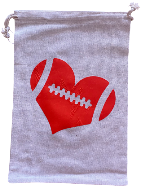 Graue Tasche mit rotem Herz und Footballmotif.