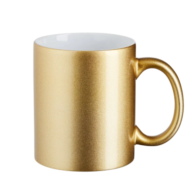 Goldfarbener Becher mit weißem Innenraum und seitlichem Griff.