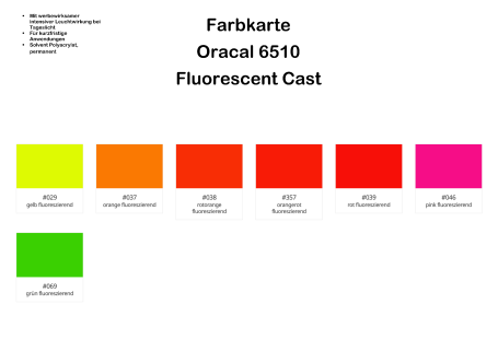 Farbkarte mit fluoreszierenden Farben von Oracle 6510 in verschiedenen Tönen.