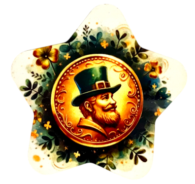 Ein goldener Münzengel mit einem bärtigen Mann im Zylinder, umgeben von grünen Ornamenten.