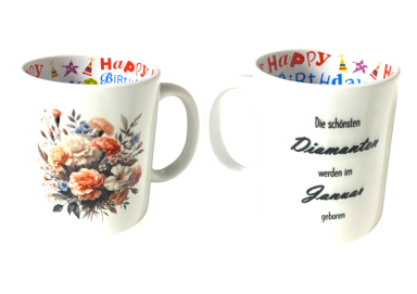 Tasse mit buntem Innenleben, floraler Außendekoration.