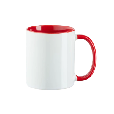 Tasse mit rotem Rand und Henkel, außen in Weiß.