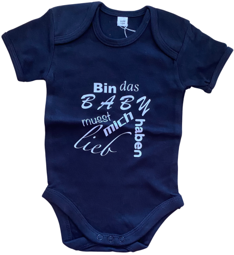 Dunkelblauer Baby-Body mit dem Aufdruck "Bin das BABY, musst mich lieb haben".