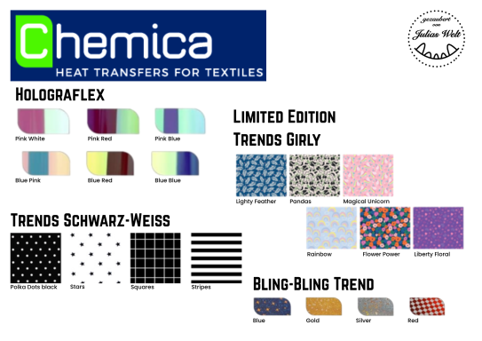Farben und Muster von Chemica-Hitzetransfers für Textilien, einschließlich limitierter Editionen.