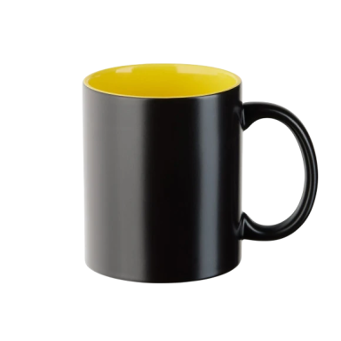 Schwarze Tasse mit gelbem Innenleben und Griff.