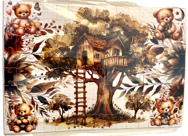 Baumhaus auf einem großen Baum, umgeben von bunten Blättern und vier niedlichen Teddybären.