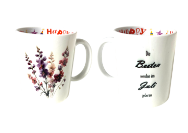 Zwei Tassen mit floralen Motiven.