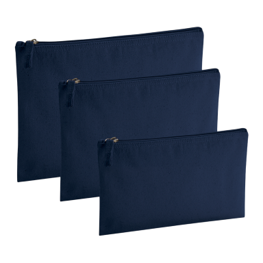 Drei dunkelblaue Taschen in verschiedenen Größen mit Reißverschluss.