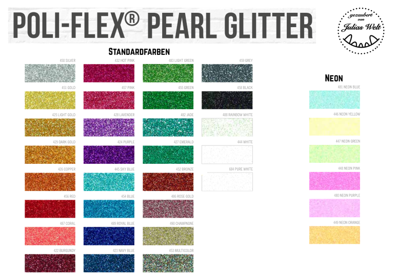 POLI-FLEX Pearl Glitter Verschiedene Stoffmuster in verschiedenen Farben und Texturen für den Stoffdruck.