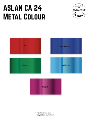Farbenpalette mit metallischen Farbtönen: Rot, Blau, Violett, Grün und Türkis.