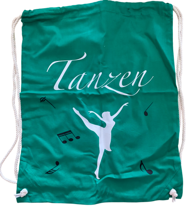 "Tanzen" Grüne Tasche mit dem Aufdruck "Tanzen" und einer Balletttänzerin sowie Musiknoten.