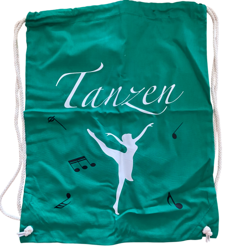 Grüne Tasche mit dem Aufdruck "Tanzen" und einer Balletttänzerin sowie Musiknoten.