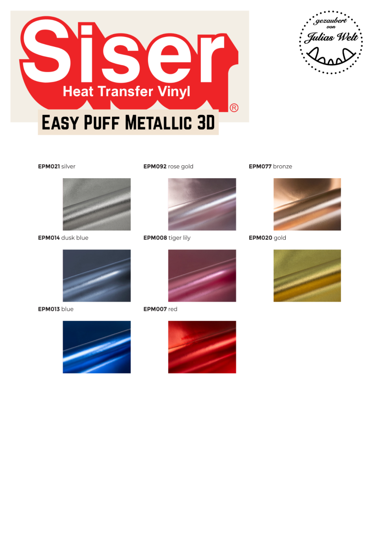 SISER Easy Puff Metallic Farbpalette von Siser Easy Puff Metallic 30 mit verschiedenen Metallicfarben.