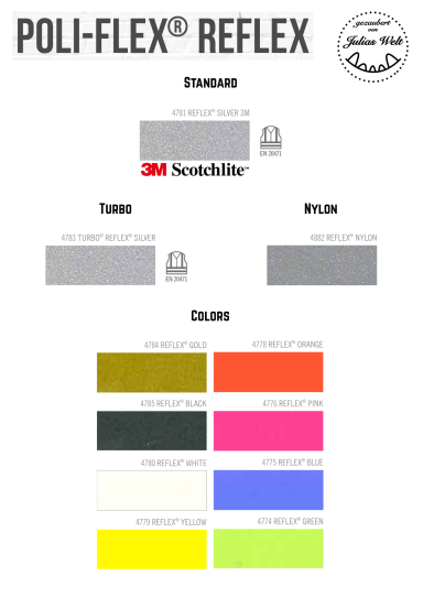 Farbpalette mit verschiedenen Poli-Flex Reflex Materialien und deren Farbbezeichnungen.